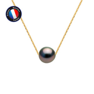 Collier en Or Jaune et Véritable Perle de Tahiti Ronde, diamètre 8-9 mm