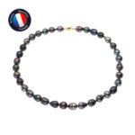 Collier de Véritables Perles de Tahiti Cerclées de 8-9 mm, Fermoir Mousqueton en Or Jaune