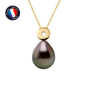 Collier Pendentif en Or Jaune et Véritable Perle de Tahiti, diamètre 8-9 mm