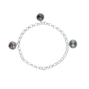 Bracelet en Argent et 3 Véritables Perles de Tahiti Cerclées en Pendentif, diamètre 9-10 mm