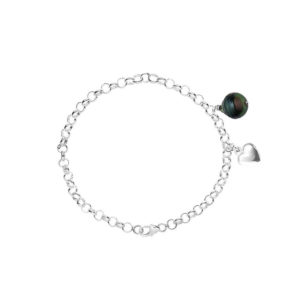 Bracelet en Argent, Véritable Perle de Tahiti et pendentif Charm's cœur