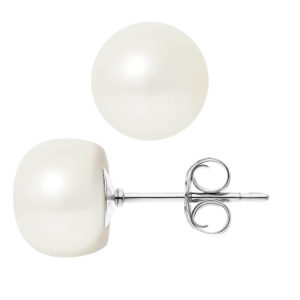 Boucles d'Oreilles Clous en Argent Rhodié et Véritables Perles de Culture, forme Bouton, couleur Blanc, diamètre 9-10 mm