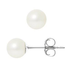 Boucles d'Oreilles en Argent Rhodié et Véritables Perles de Culture, couleur Blanc, diamètre 6-7 mm, forme Ronde