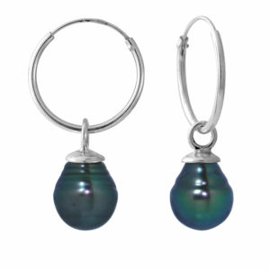 Boucles d'Oreilles Anneau en Argent et Véritables Perles de Tahiti, diamètre 9-10 mm - Fermoir anneau