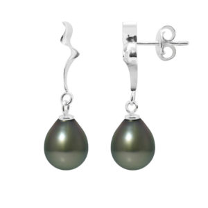 Boucles d'Oreilles en Argent et Véritables Perles de Tahiti, diamètre 9-10 mm - Fermoir Poussettes