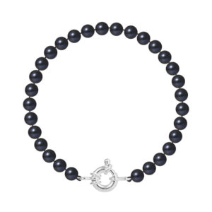 Bracelet de Véritables Perles de Culture, couleur Black Tahiti, diamètre 6-7 mm, Fermoir Anneau Marin Prestige en Argent Rhodié