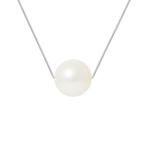 Collier Chaîne en Argent avec une Véritable Perle de culture d'eau douce Ronde, couleur Blanc, diamètre 9-10 mm et Fermoir Mousqueton