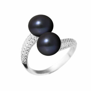 Bague en Argent, 2 Véritables Perles de Culture d'eau douce, forme Bouton, couleur Black Tahiti, diamètre 8-9 mm et Oxydes de Zirconium