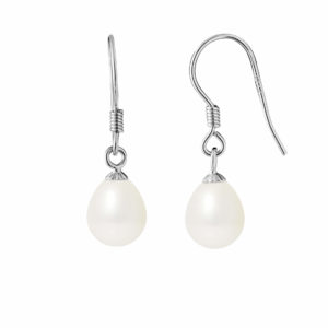 Boucles d'Oreilles en Argent Rhodié et Véritables Perles de Culture, couleur Blanc, diamètre 7-8 mm, forme Poire