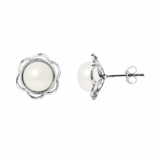Boucles d'Oreilles "Fleurs" en Argent Rhodié et Véritables Perles de Culture, couleur Blanc, diamètre 8-9 mm