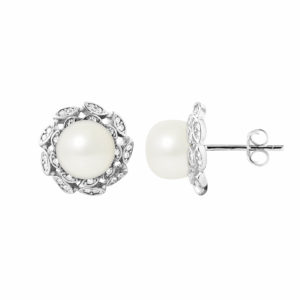 Boucles d'Oreilles en Argent et Corolle de zirconium, Véritables Perles de Culture d'eau douce, forme Baroque, couleur Blanc, diamètre 8-9 mm