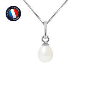 Collier Pendentif en or blanc et véritable perle de culture, de forme poire, couleur Blanc naturel et diamètre 5-6 mm