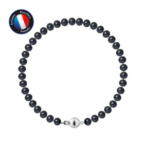 Bracelet de perles noires 5-6 mm - Fermoir Boule Imperdable en Argent